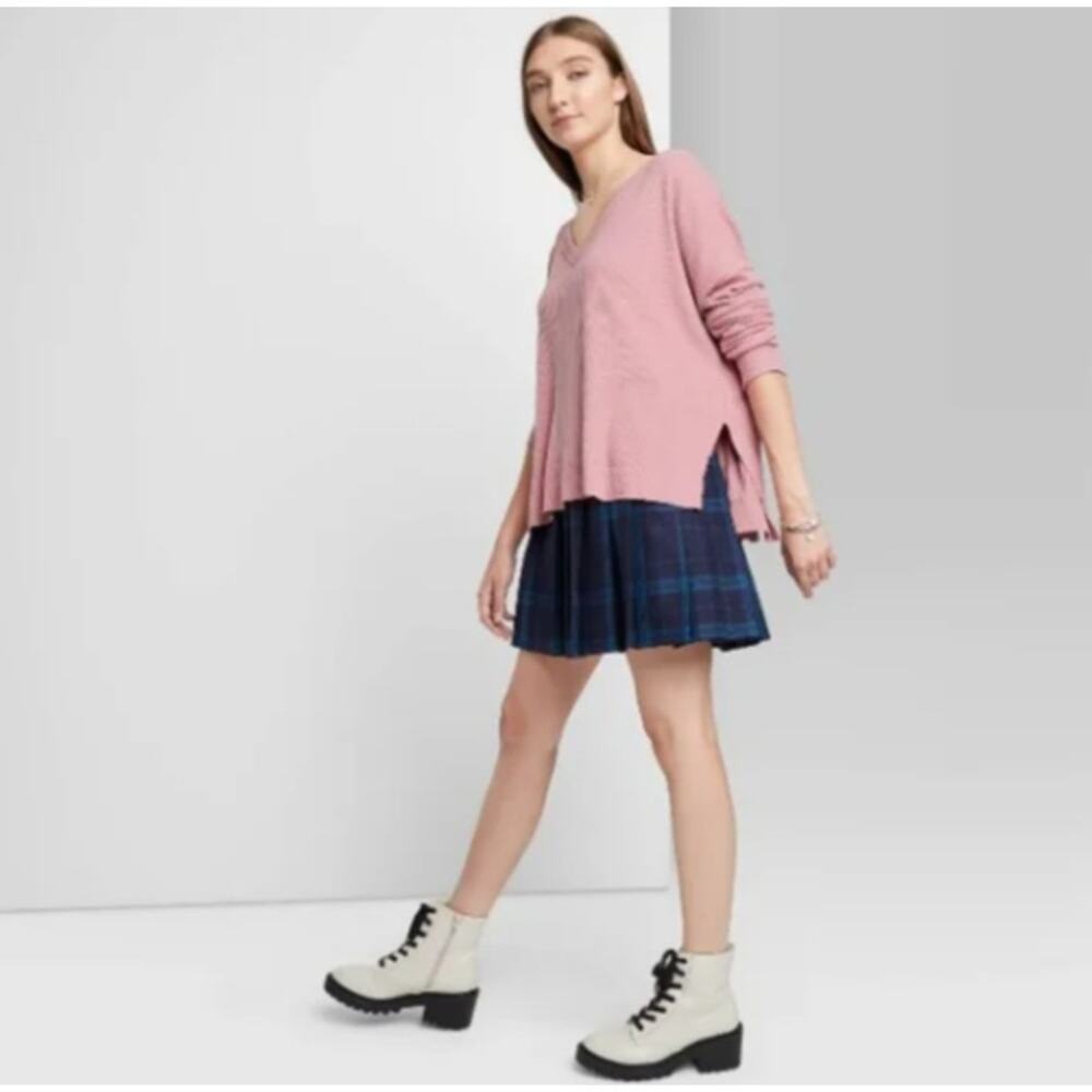 Wild Fable Oversize‎ Sweater L Pink Ribbed Knit Hi Low Boxy Side Slit V Neck Top - Picture 10 of 13